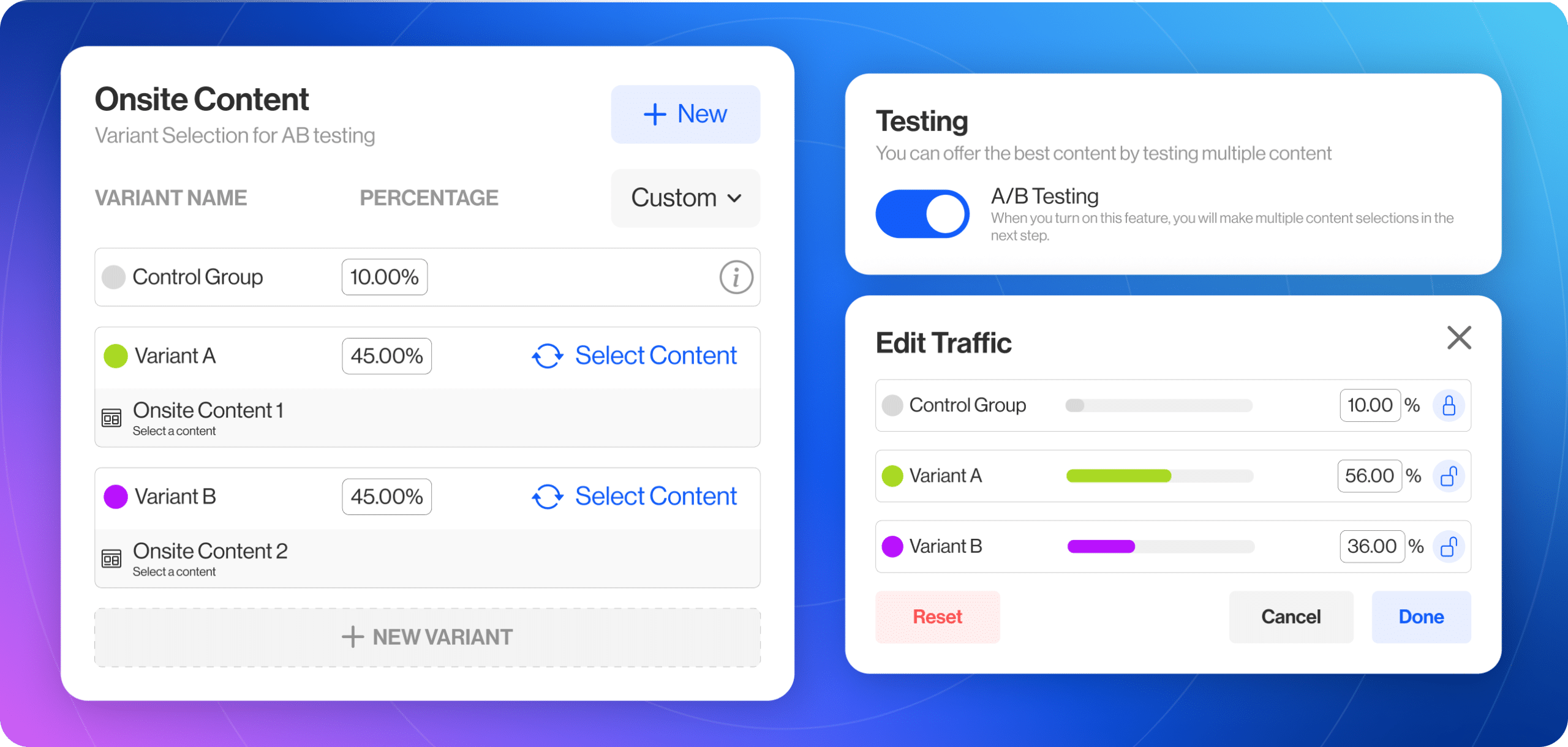 D·engage A/B testing dashboard showing onsite campaign variants, traffic allocation, and performance metrics. 
